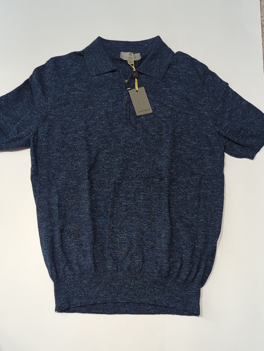 Canali Men's Luxury Heathered Blue Knit Zip Polo Shirt NWT